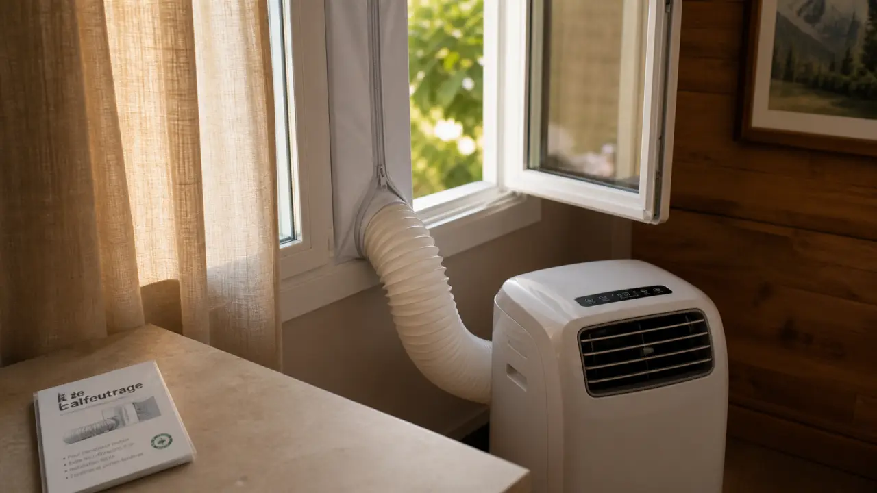Meilleur kit calfeutrage pour climatiseur mobile : kit souple sur fenêtre autour du conduit, sans jour.