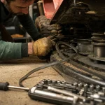 Montage courroie sur tracteur tondeuse : courroie et passage