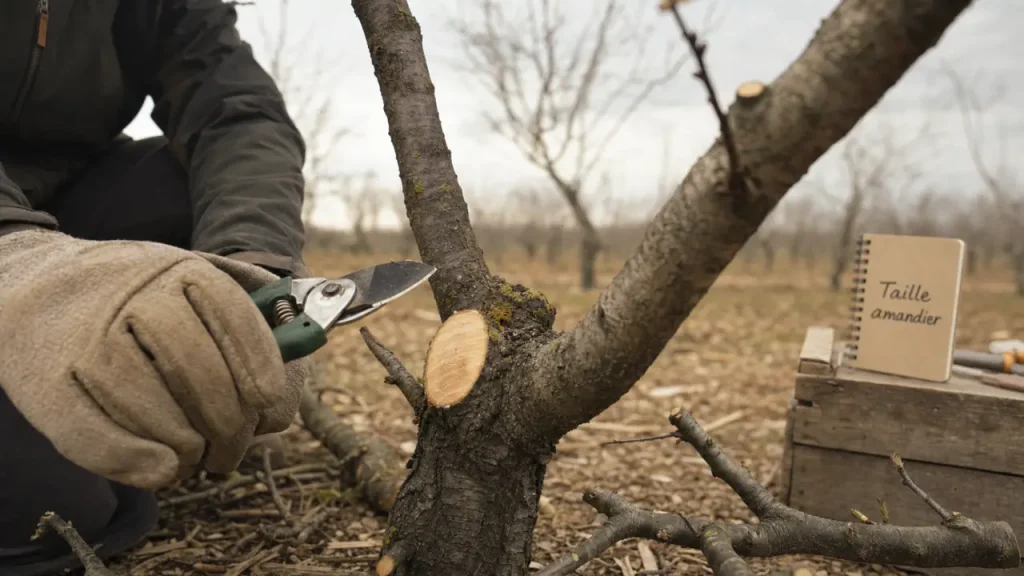 Quand tailler amandier en février : coupe nette sur amandier en repos