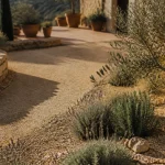 Aménagement jardin mediterraneen : lavande, romarin et olivier sur sol drainant granuleux
