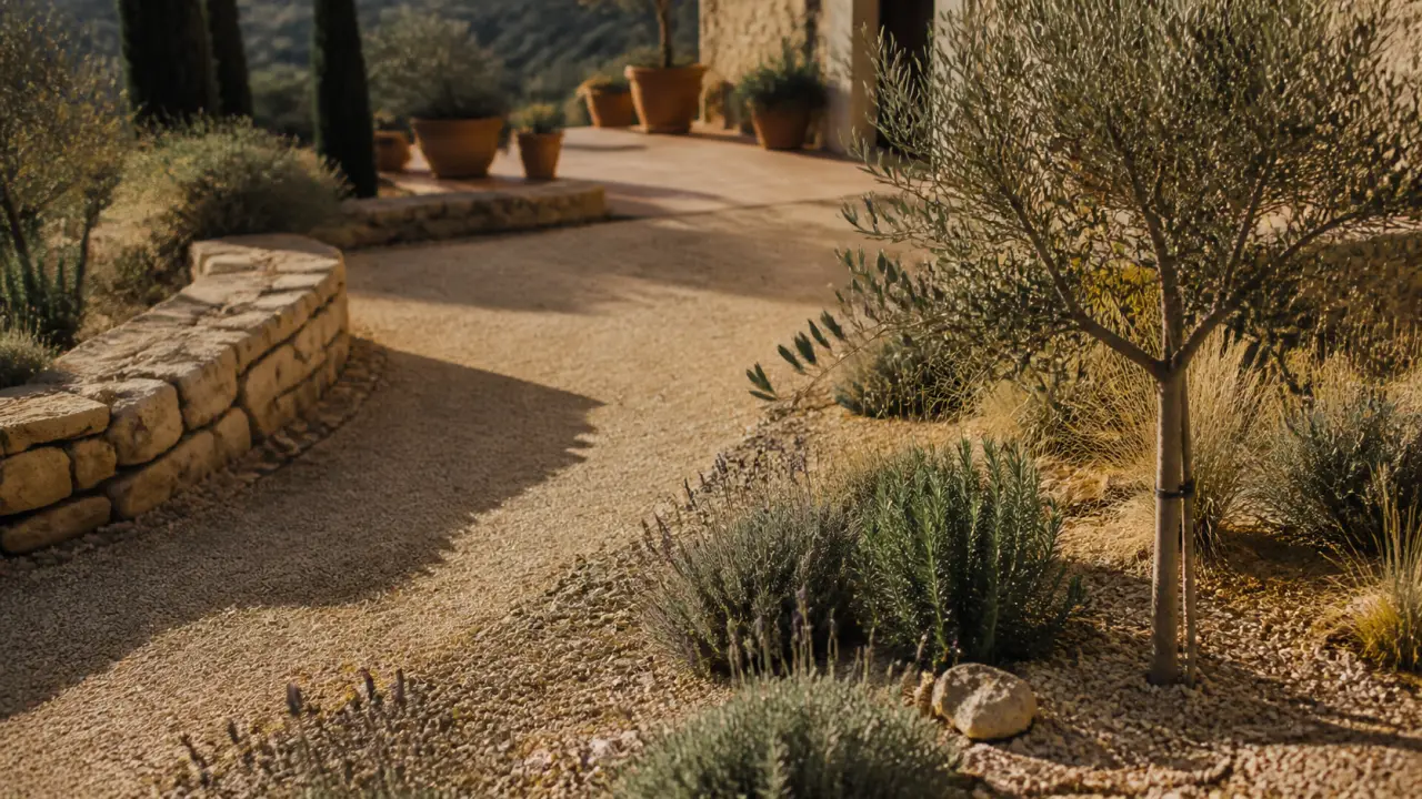 Aménagement jardin mediterraneen : lavande, romarin et olivier sur sol drainant granuleux