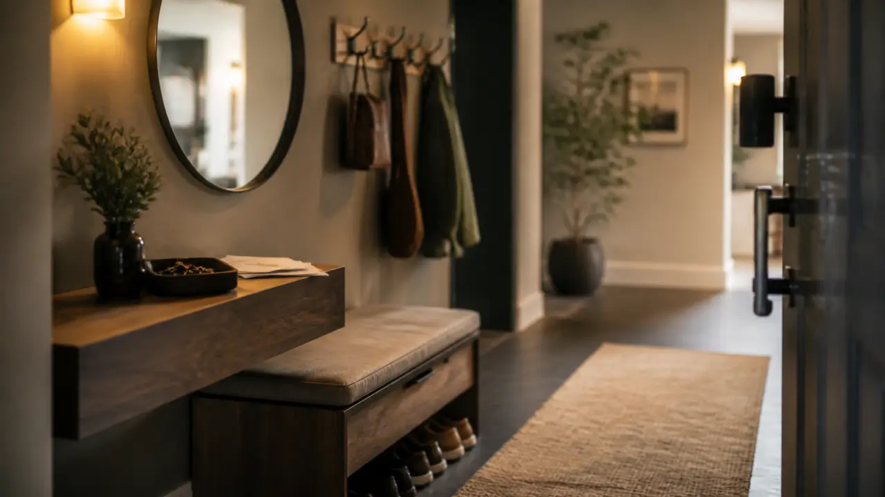 Déco entrée maison : entrée moderne ordonnée avec rangement et patères