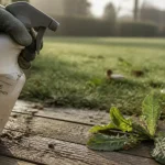 Désherbant selectif gazon : main gantée pulvérise une pelouse