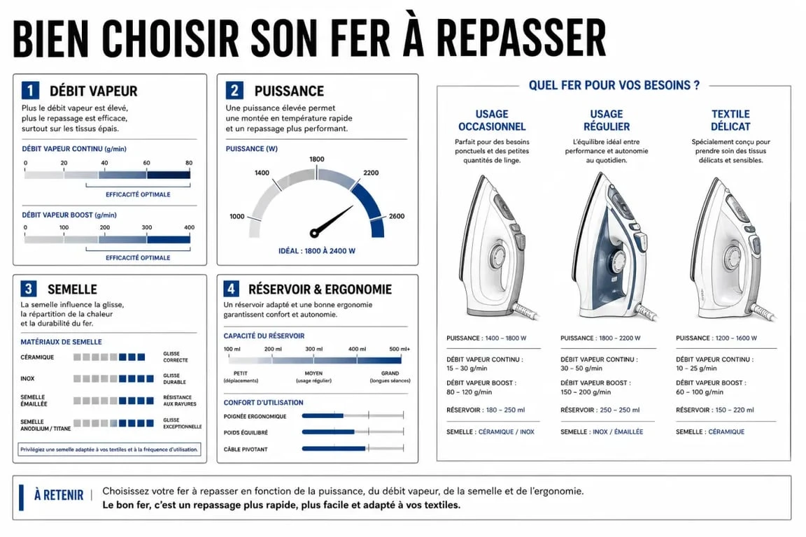 Comment choisir un fer à repasser : comparatif visuel des critères vapeur, semelle, puissance et réservoir