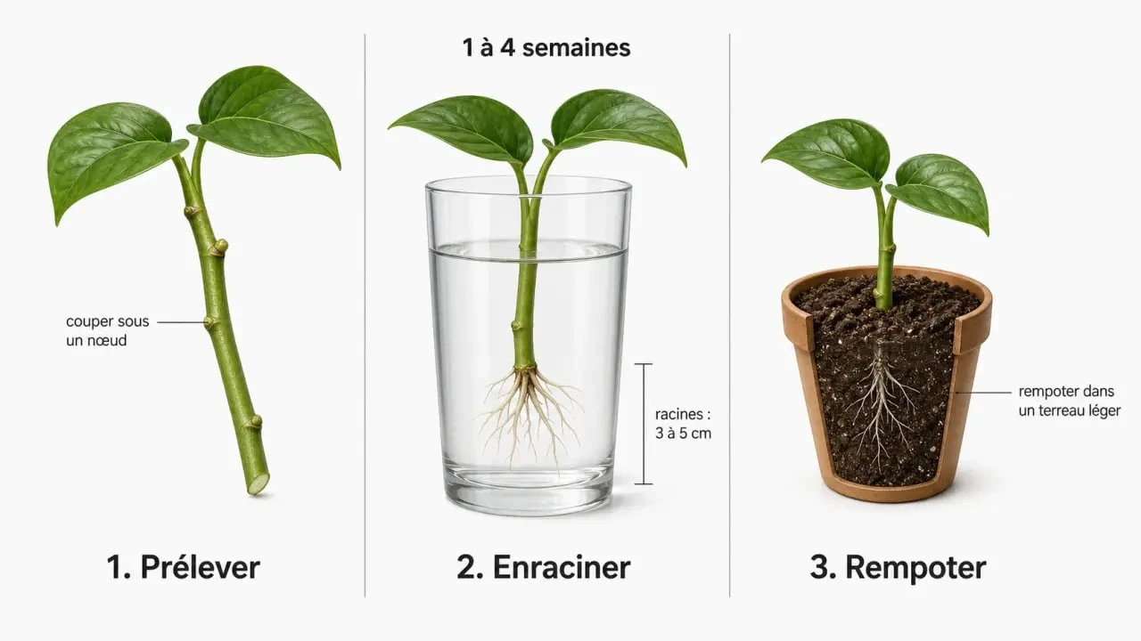 Bouture dans l'eau combien de temps : tige en verre avec racines blanches de 3 à 5 cm puis rempotage en petit pot.