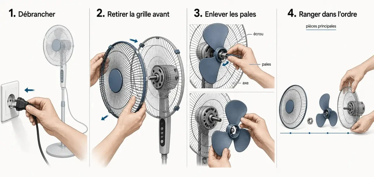 Comment demonter un ventilateur sur pied en quatre étapes avec grille, pales et axe visibles