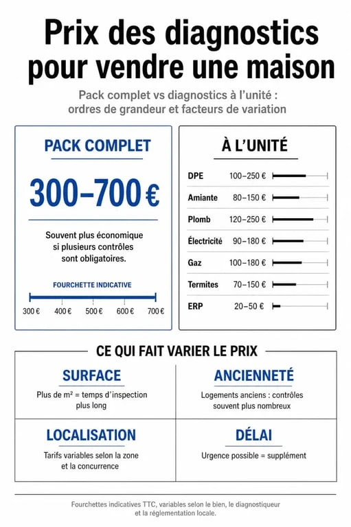 Prix pour diagnostic vente maison : comparaison des fourchettes de prix d’un pack complet et des diagnostics à l’unité
