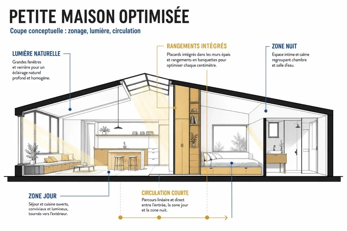 Plan petite maison optimisé avec zonage jour/nuit, rangements intégrés et lumière naturelle
