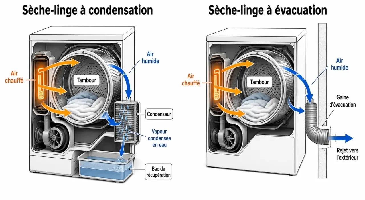 Sèche linge condensation ou évacuation différence : schéma du fonctionnement des deux technologies