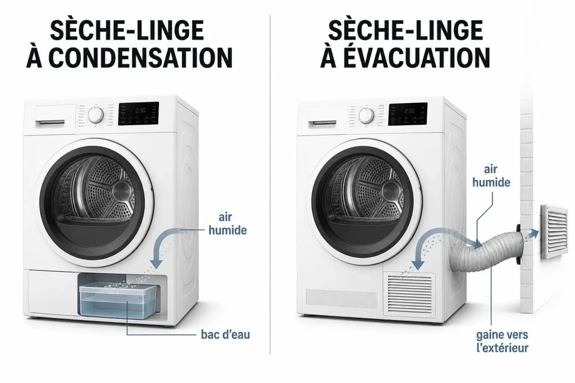 Sèche linge condensation ou évacuation différence : comparaison visuelle entre bac d’eau et gaine vers l’extérieur