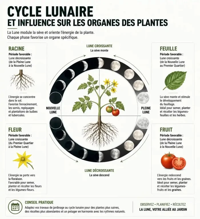 Infographie explicative du jardinage avec la lune en mars 2026 : influence des phases lunaires sur les cultures