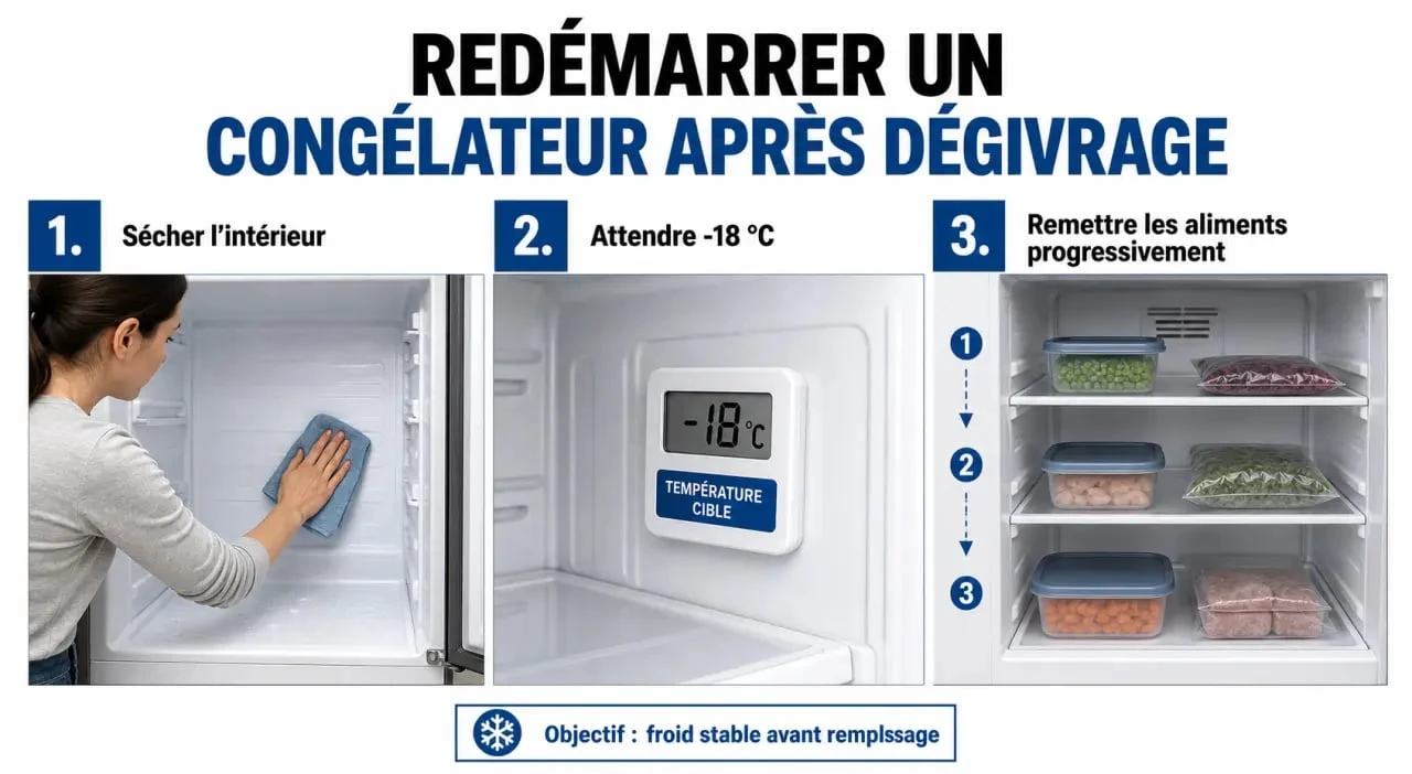 Combien de temps avant de remplir un congélateur apres degivrage : redémarrage, contrôle à -18°C et remplissage progressif