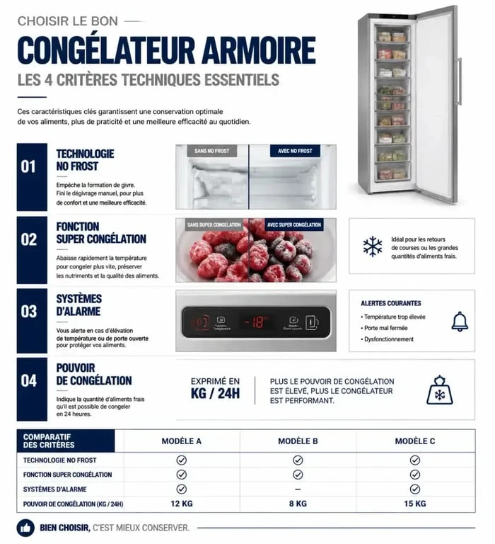 Infographie comparative des critères techniques pour choisir un congélateur armoire
