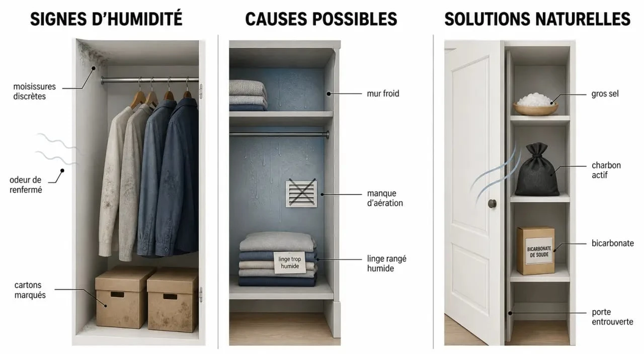 Placard humide : illustration des causes, signes et solutions naturelles pour assainir un placard