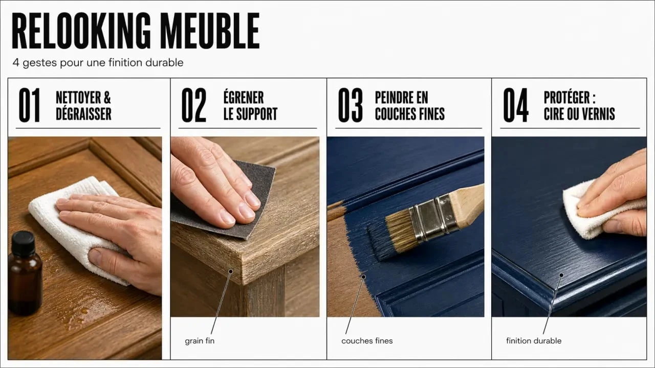 Relooking meuble en quatre étapes : nettoyage, préparation, peinture et protection