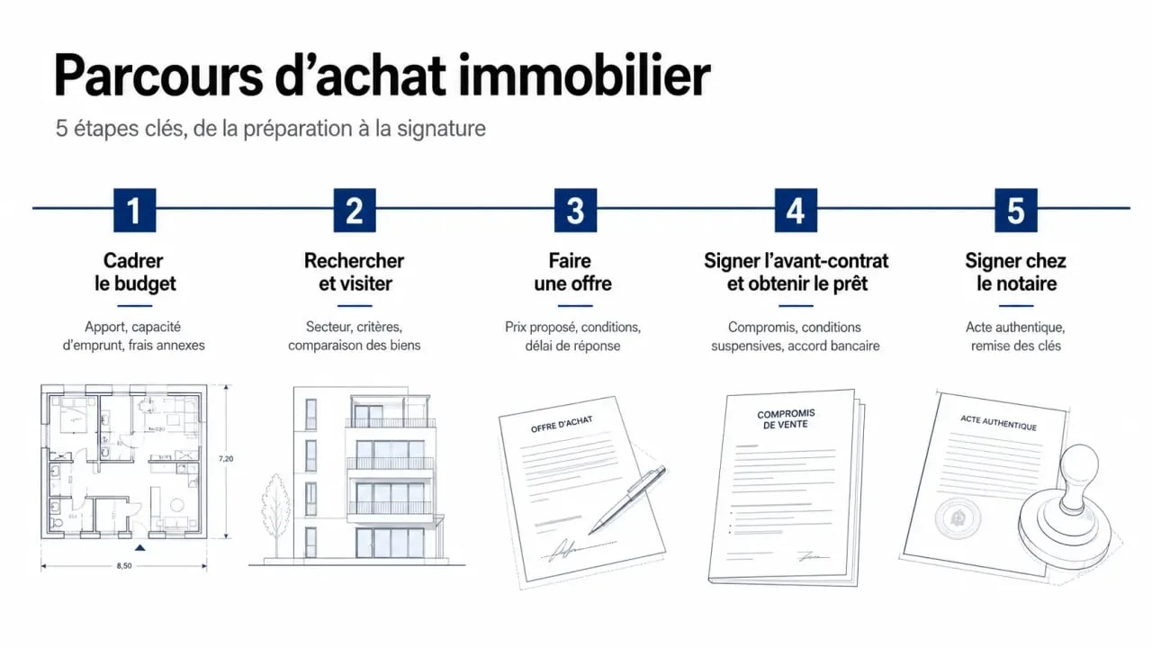Étapes achat maison illustrées sur une frise chronologique du budget à la signature chez le notaire