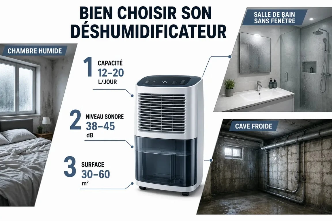 Test déshumidificateur que choisir : comparatif visuel des capacités selon la surface, le bruit et la pièce