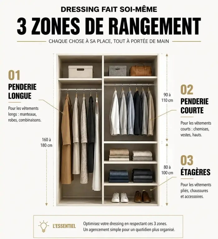 Schéma de répartition des zones pour un dressing fait soi-même