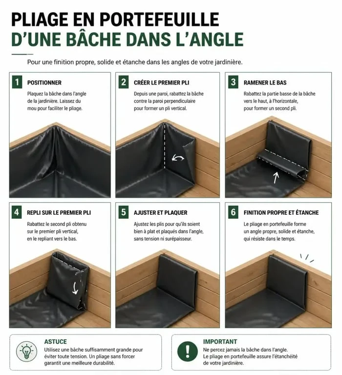 Technique de pliage en portefeuille de la bâche pour jardinière