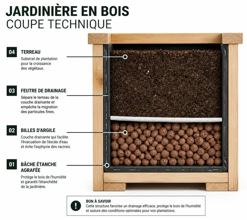 Schéma des couches de drainage pour une jardinière en bois avec bâche