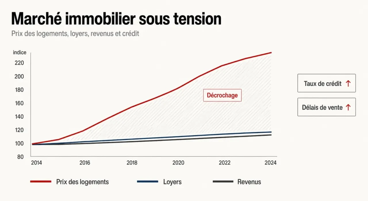 Bulle immobilière : graphique éditorial comparant prix, loyers, revenus et taux de crédit
