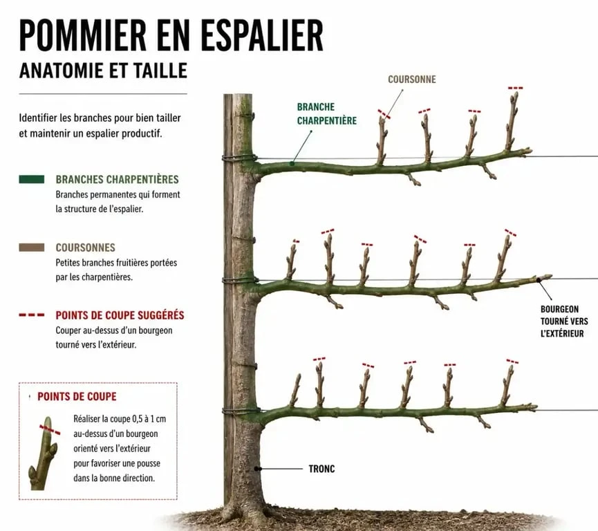Anatomie d'un pommier espalier : branches charpentières et coursonnes