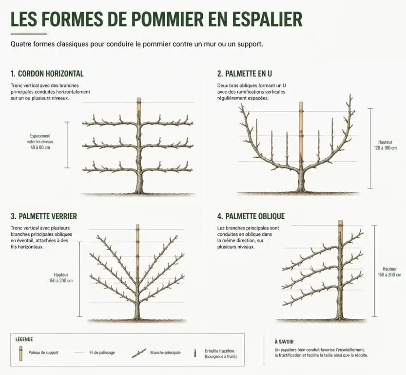 Schémas des différentes formes de pommier espalier pour la taille