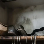 Placard humide : traces de moisissures et étagère gondolée