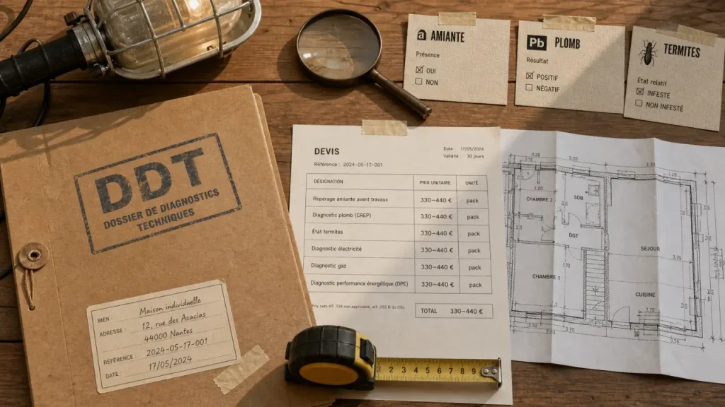 Prix des diagnostics pour vendre une maison : 330 à 440 € en pack, et les postes qui font monter la facture