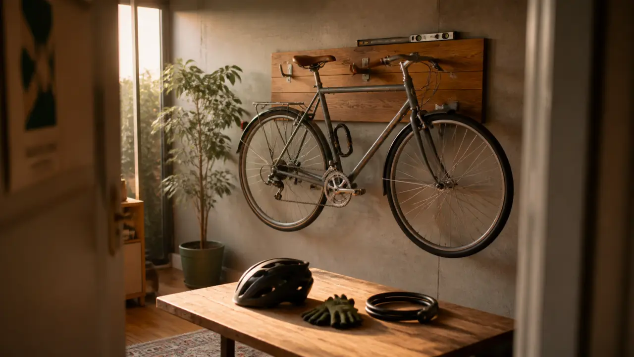 Rangement velo fait maison : vélo sur planche murale