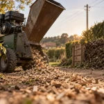 Broyeur a vegetaux thermique broyant des branches au jardin