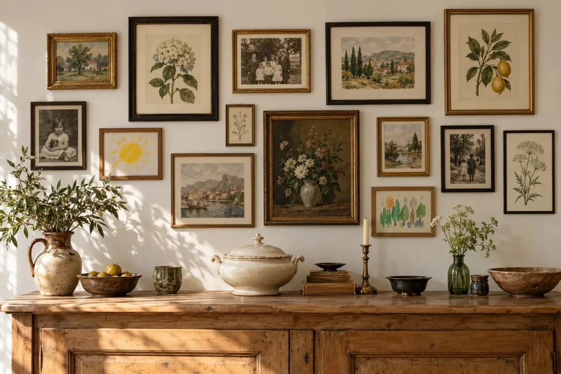 Déco maison de famille avec mur de cadres, objets chinés et souvenirs personnels