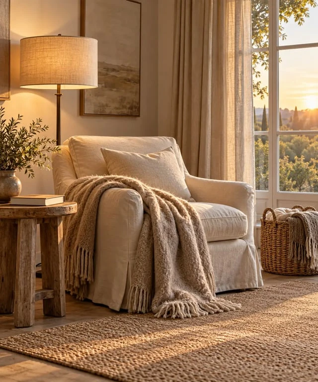 Déco maison de famille avec coin lecture, éclairage chaud et textiles naturels