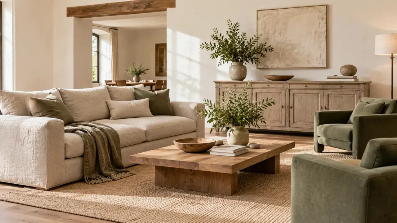 Déco maison de famille avec meubles anciens, textiles naturels et salon chaleureux