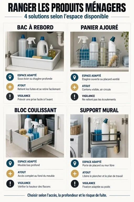 Infographie comparative des solutions de rangement produits ménagers