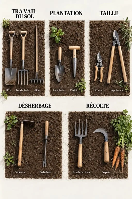 Outils du jardinier regroupés par fonction dans un potager