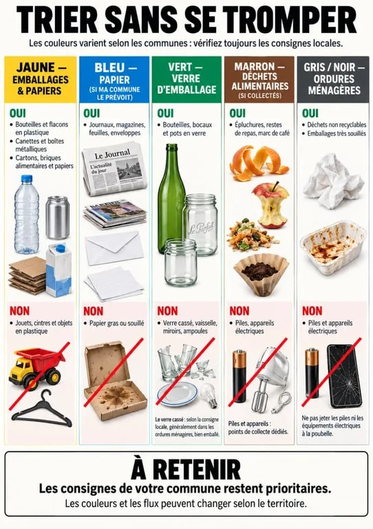 Infographie sur la couleur poubelle tri et les déchets acceptés ou refusés
