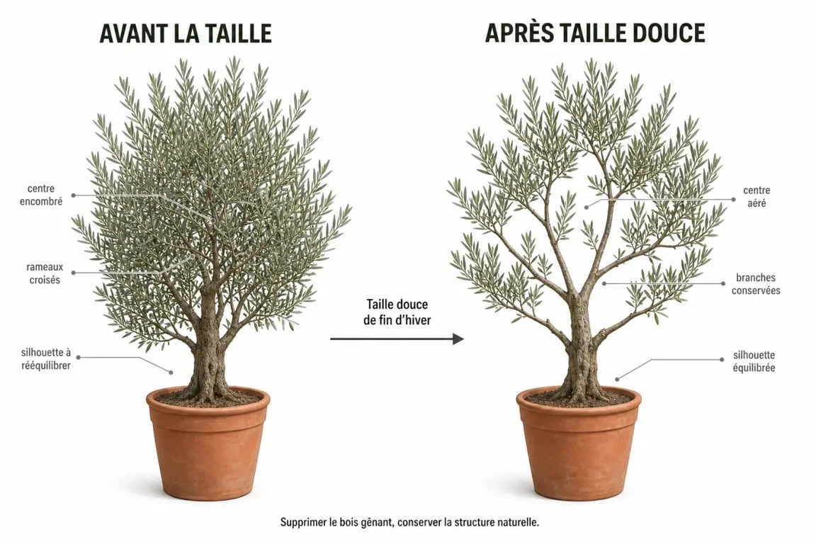 Quand tailler olivier en pot : illustration avant et après une taille douce