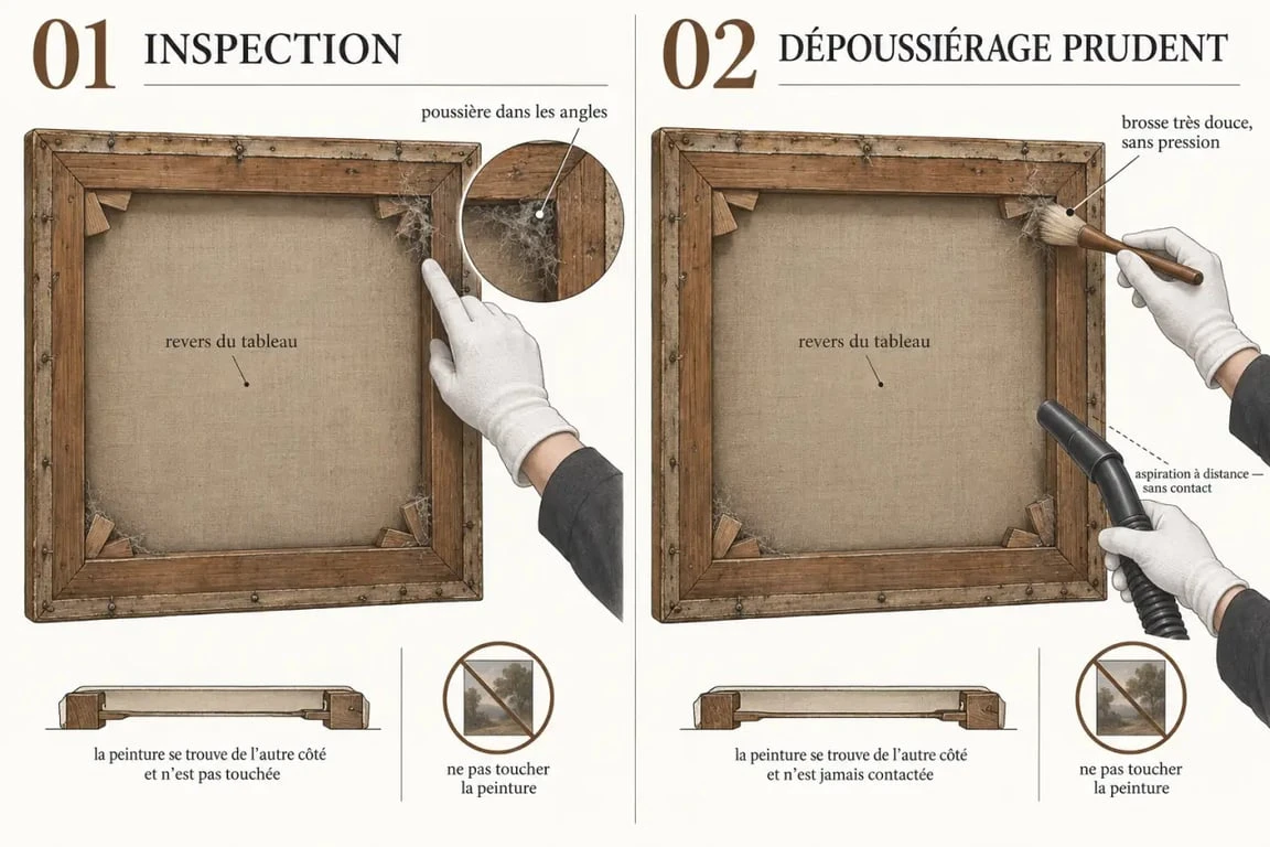 Toile de poussière sur un tableau ancien et nettoyage prudent du revers du châssis