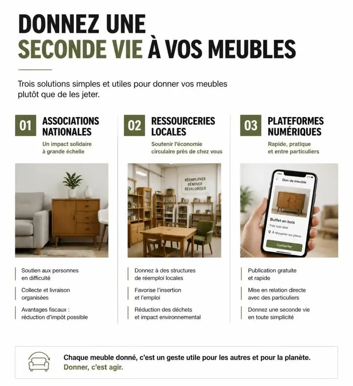 Infographie comparant les solutions pour donner ses meubles : associations, ressourceries et plateformes en ligne.