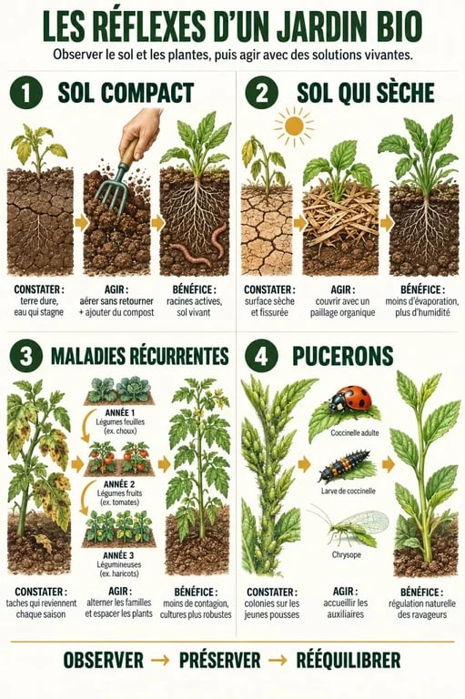 Infographie des méthodes naturelles pour entretenir un jardin bio