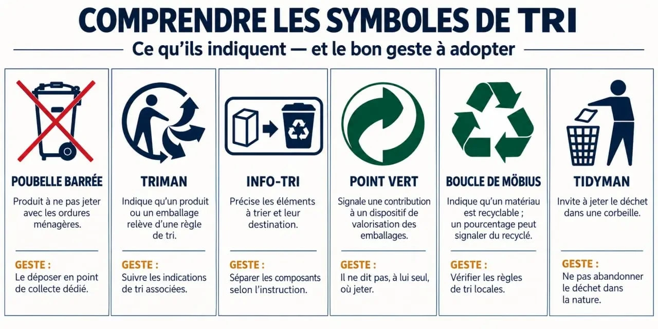 Infographie du logo poubelle barrée et des principaux symboles de tri