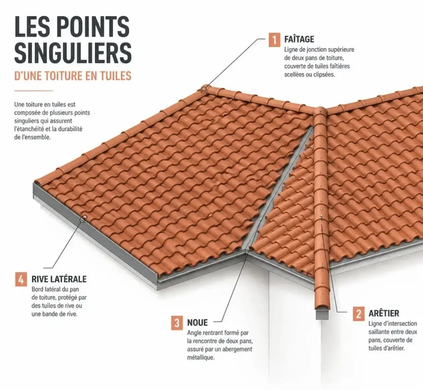 Points singuliers d'une toiture en tuiles : faîtage, arêtier, noue et rive