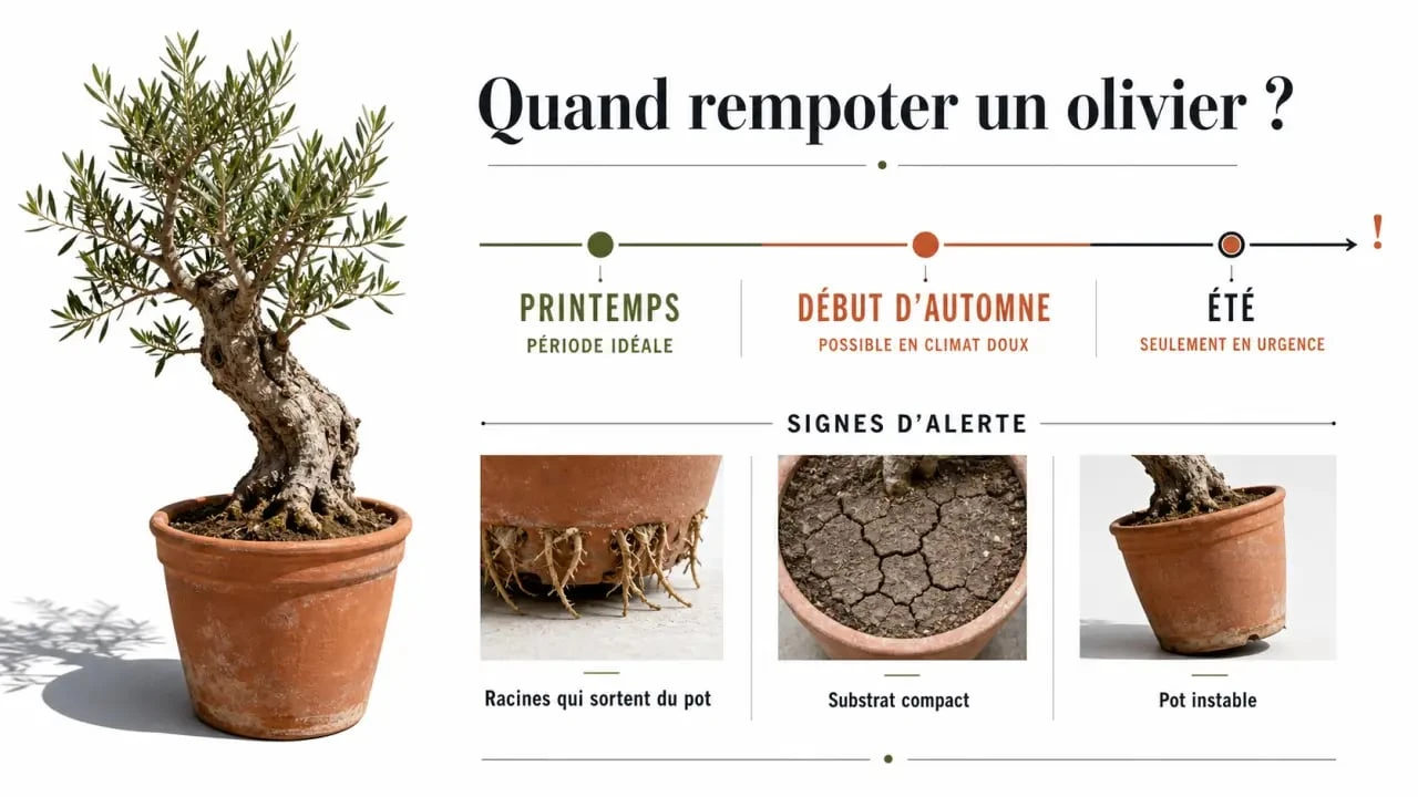 Quand rempoter un olivier : frise visuelle des meilleures périodes et des signes d’alerte