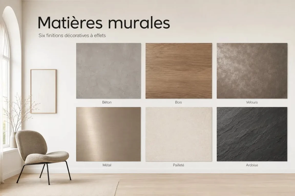Maison Déco peinture : comparatif visuel des effets béton, bois, velours, métal, pailleté et ardoise dans un intérieur