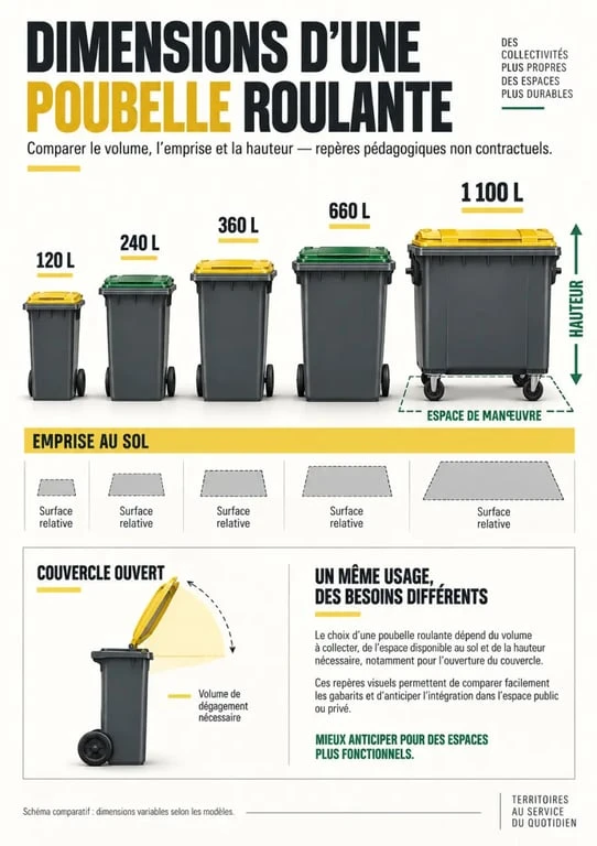 Infographie sur la dimension poubelle selon la capacité et l’espace de manœuvre