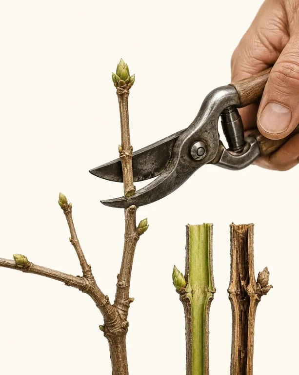 Quand tailler la verveine : geste de taille au-dessus d’un bourgeon sur une verveine au printemps