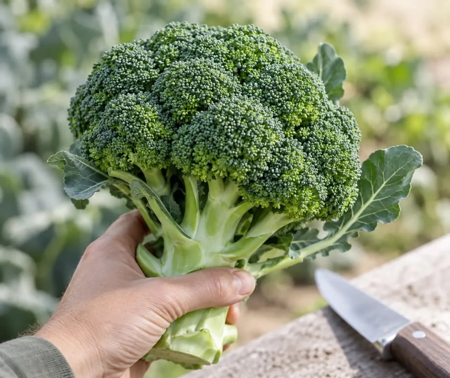 Tête de brocoli potager récoltée au bon stade, boutons serrés et verts
