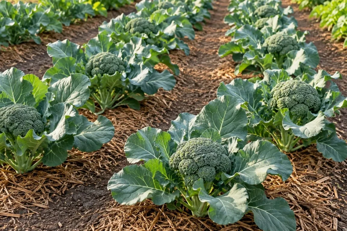 Rangée de brocoli potager paillée avec espacement entre les plants