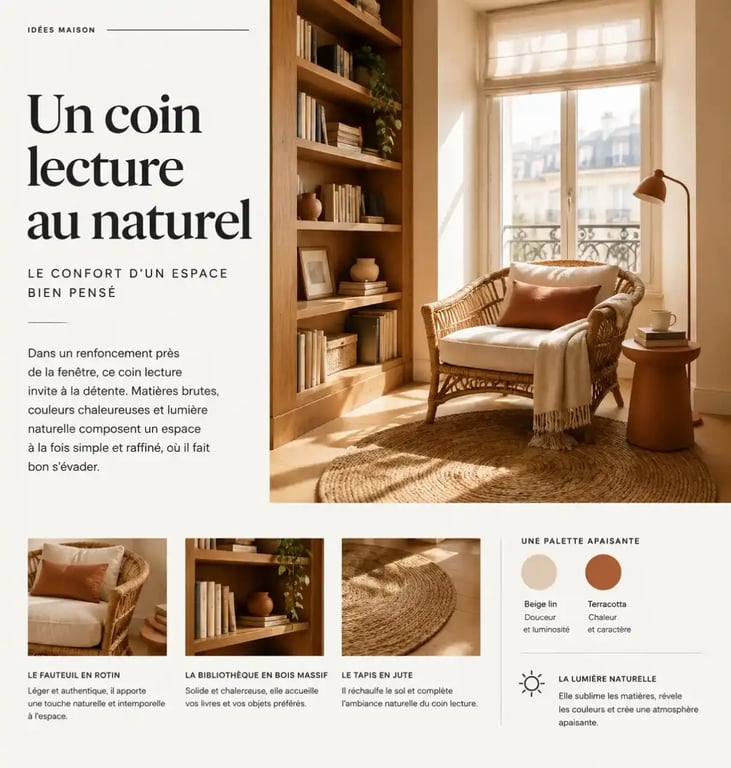 Coin lecture cosy avec matières naturelles : fauteuil en rotin, bibliothèque en bois et tapis en jute